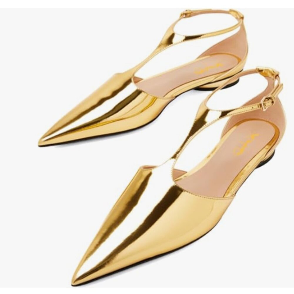 XYD Gold Pointed Toe Sleek Low Heel Chunky Slender T-Strap with Buckle Shoes